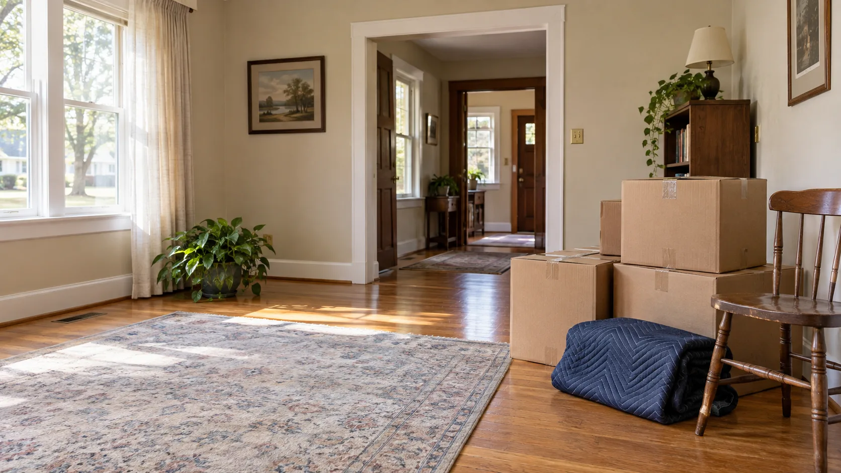 Living room with a clear path and boxes prepared for removal