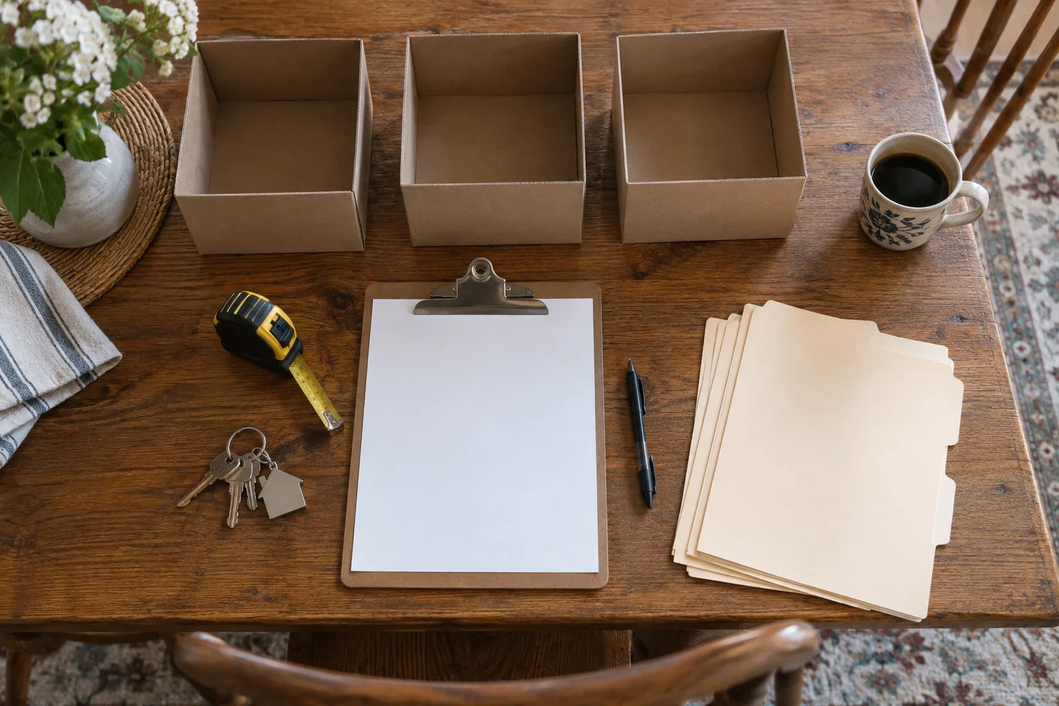 Clipboard and sorting boxes for estate cleanout planning